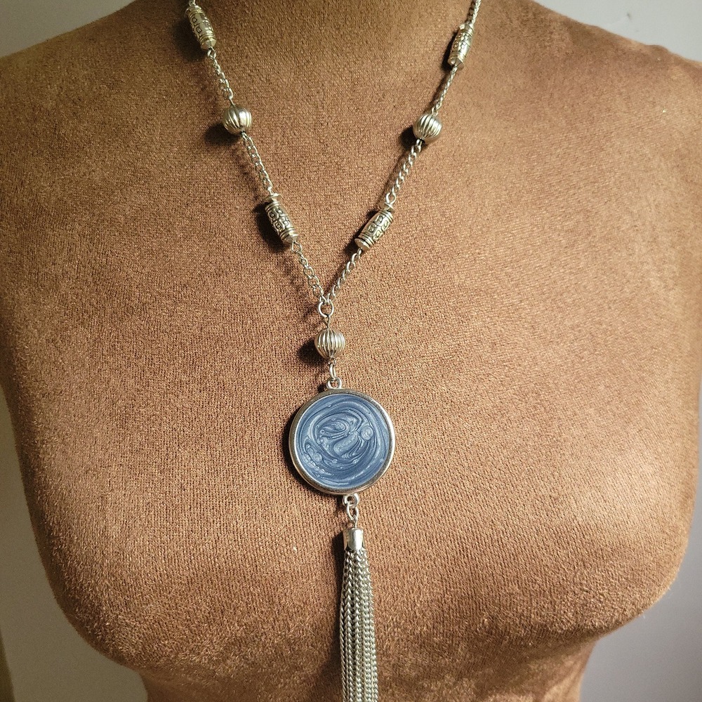 Silver Tone Blue Swirl Enamel Tassel Pendant Long Beaded Necklace 30 Inch Ethno
